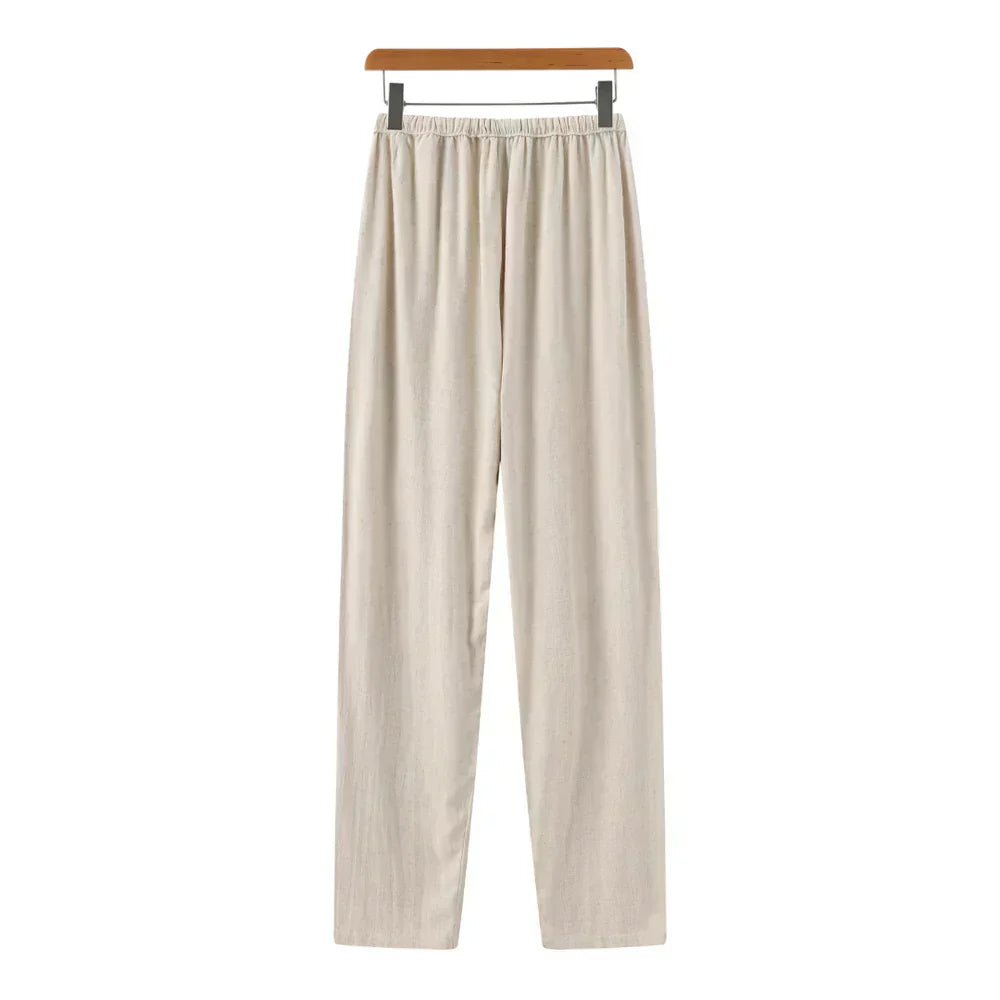 Drawstring Straight Leg Linen Trousers - Relaxed Casual Fit