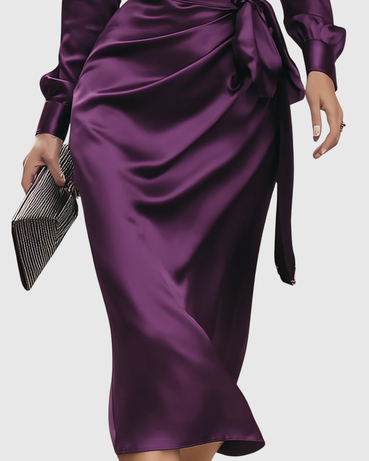 Long Sleeve Satin Wrap Midi Dress Belted