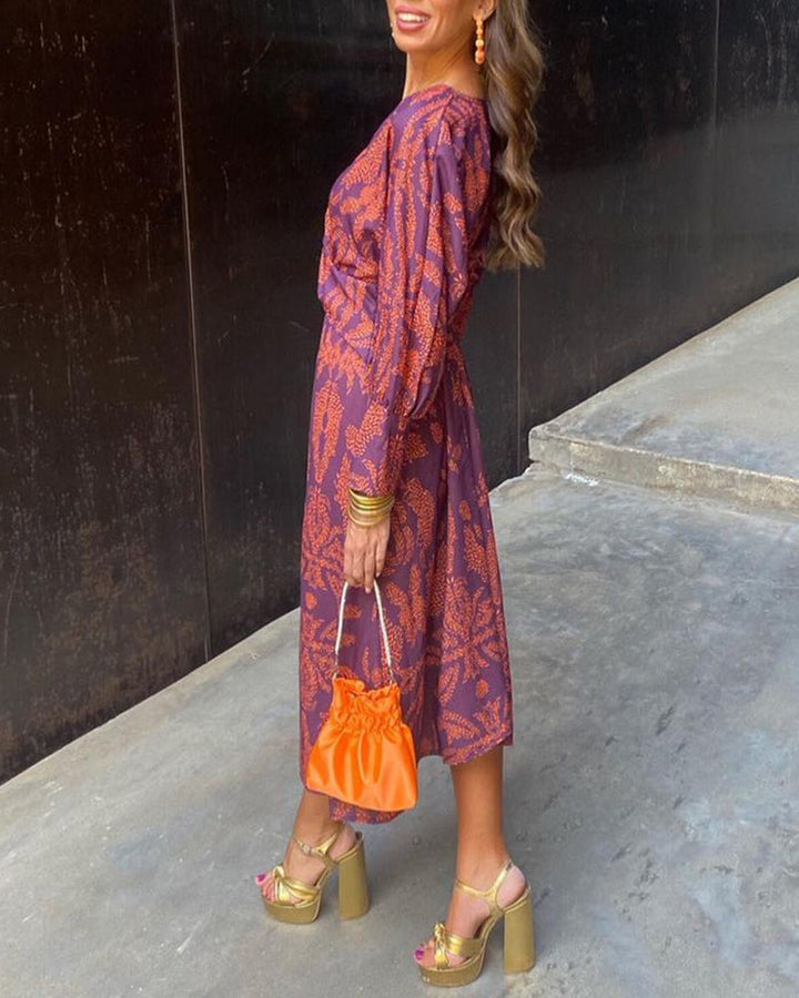 Women's Paisley Print Midi Dress Long Sleeve Twist Front Casual