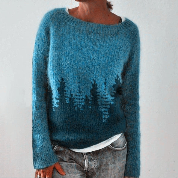 Beatrix | Women's Boat Neck Sweater with Forest Tree Print