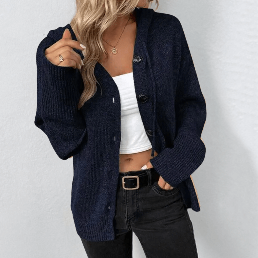 Rosalind | Women's Relaxed Hooded Ribbed Cardigan with Button Front