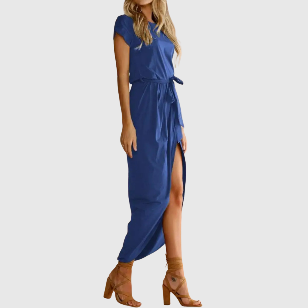 Cap Sleeve Belted Casual Midi Dress Side Split