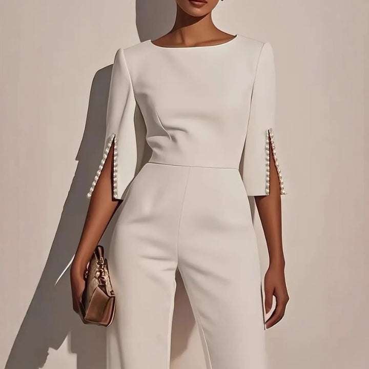 Pearl Trim Split Sleeve Bateau Neck Wide Leg Formal Jumpsuit