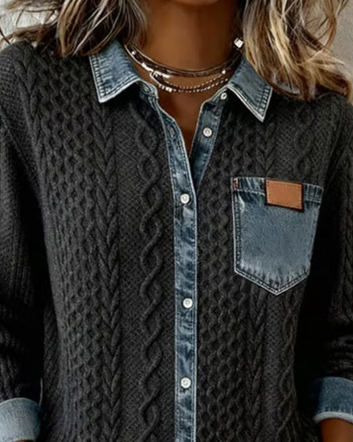 Beatrix | Women's Cable Knit Button-Down Sweater Shirt with Denim Trim