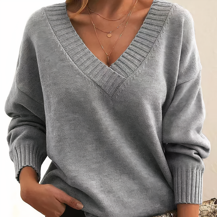 Emmeline | Women's Oversized Deep V-Neck Ribbed Collar Sweater