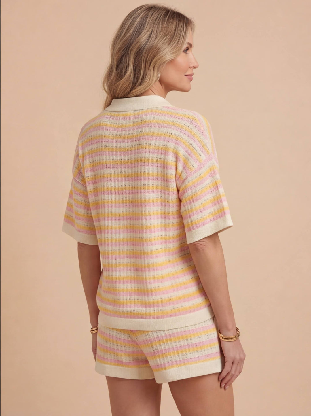 Striped Pointelle Knit Polo Top and Short Matching Set