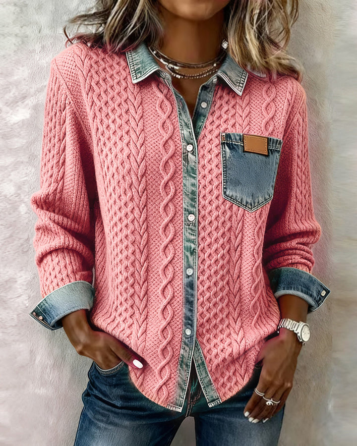 Beatrix | Women's Cable Knit Button-Down Sweater Shirt with Denim Trim