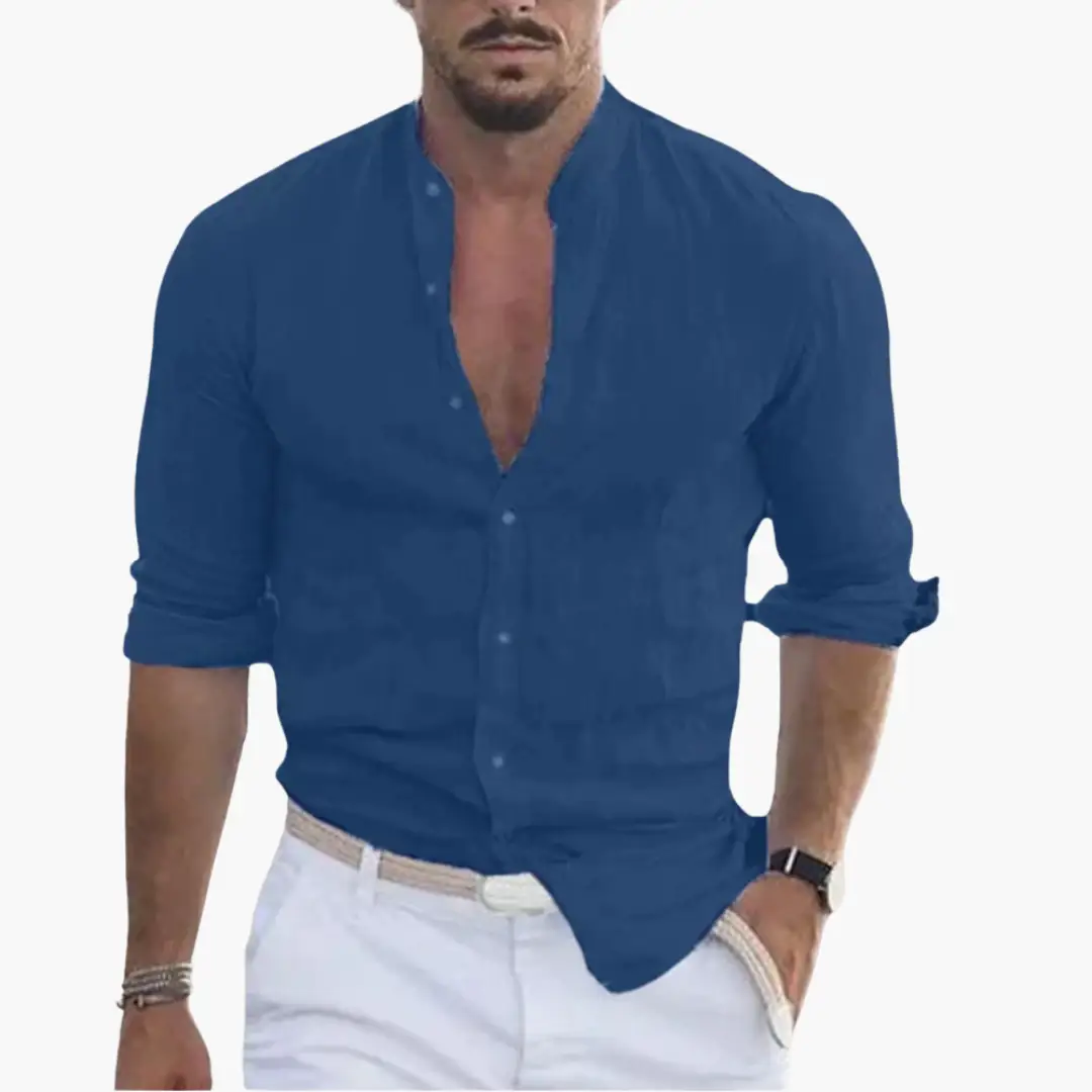 Band Collar Button Through Roll Sleeve Relaxed Linen Shirt