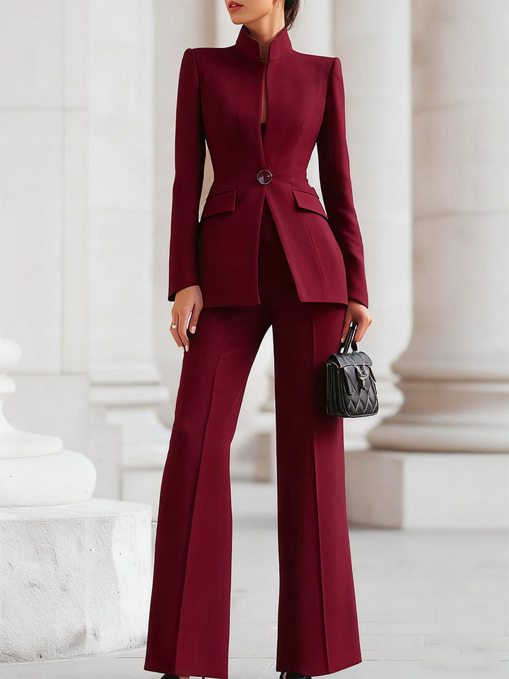 Tailored Stand Collar Blazer Wide Leg Trouser Set Women
