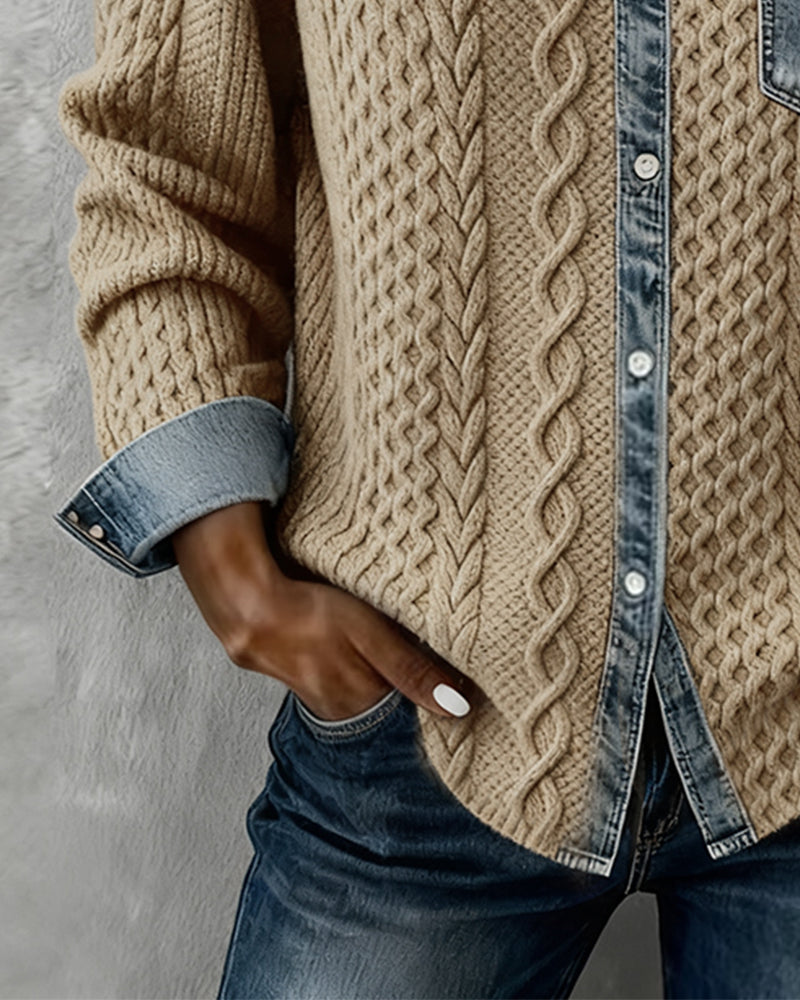 Beatrix | Women's Cable Knit Button-Down Sweater Shirt with Denim Trim