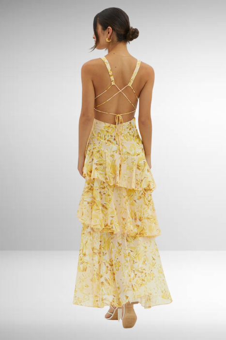 Abstract Print Tiered Ruffle Maxi Dress - Wedding Guest Formal