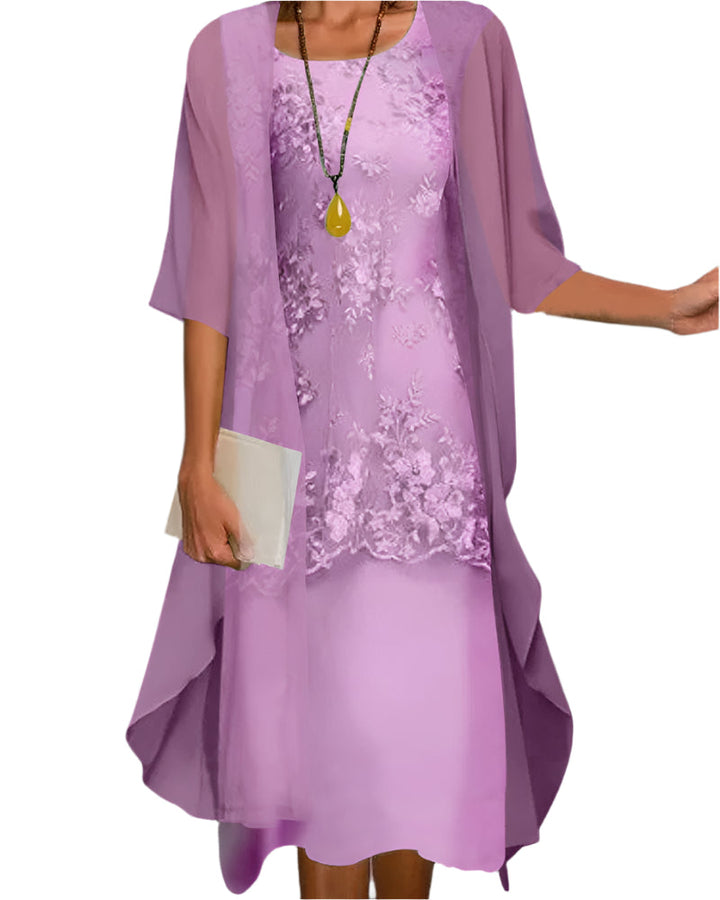Floral Lace Two Piece Chiffon Midi Dress Wedding Guest