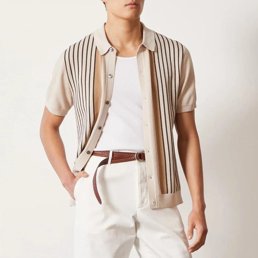 Vertical Stripe Knit Button Down Polo Shirt Men