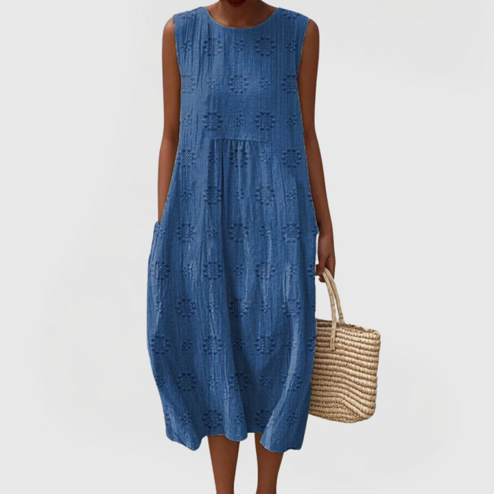 Loose Fit Sleeveless Midi Summer Dress With Pockets
