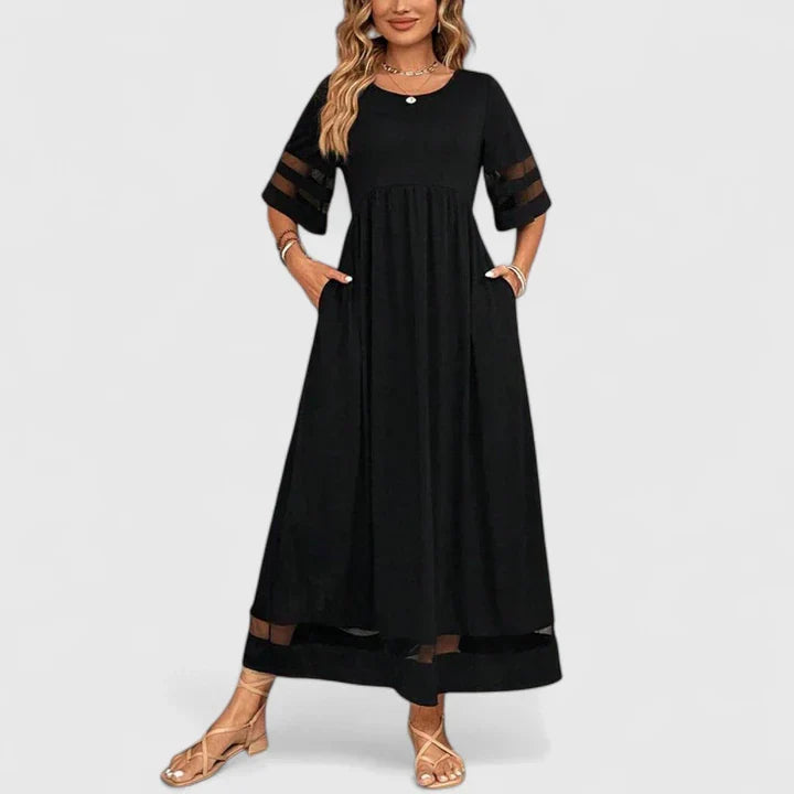 Short Sleeve Loose Fit Maxi Dress Mesh Detail
