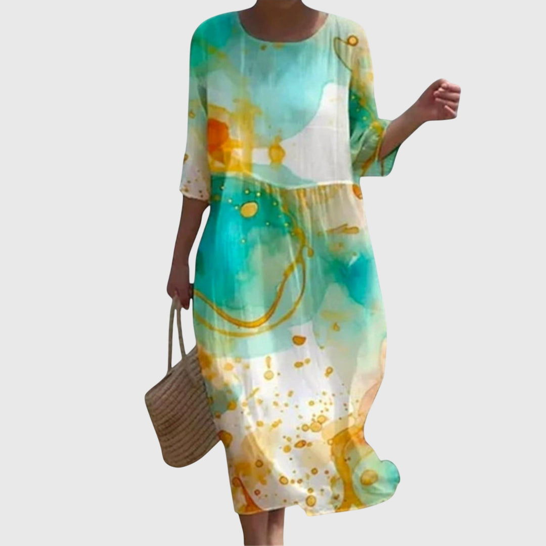 Floral Midi Dress Loose Fit Three Quarter Sleeve