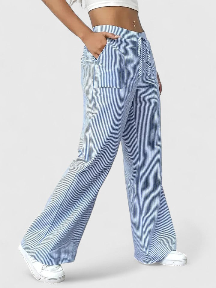 Striped Drawstring Wide Leg Pants Women - Casual Cotton