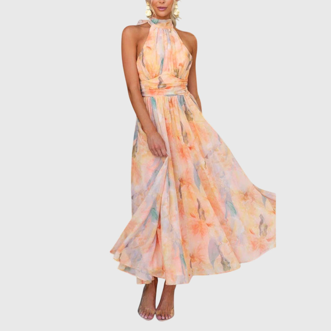 Halter Neck Flowy Maxi Dress Belted Waist