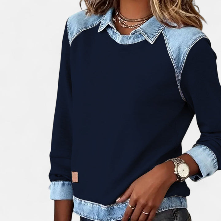 Marlowe | Women's Denim Trim Crew Neck Sweatshirt