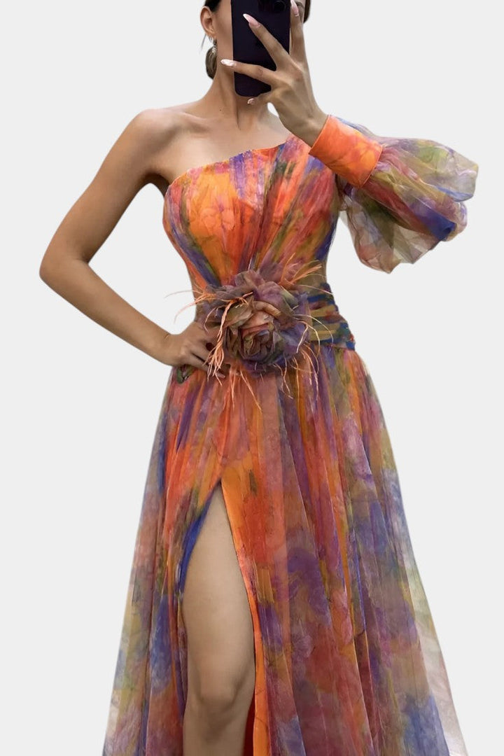 One Shoulder Floral Maxi Dress with High Split