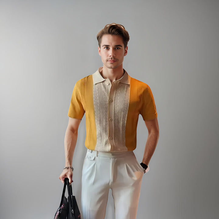 Colorblock Contrast Panel Open Collar Short Sleeve Knit Polo Shirt