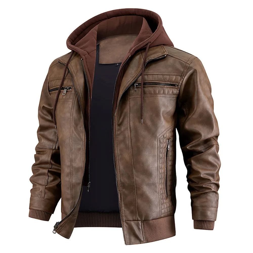 Silas | Men's PU Leather Hooded Jacket with Quilted Panels