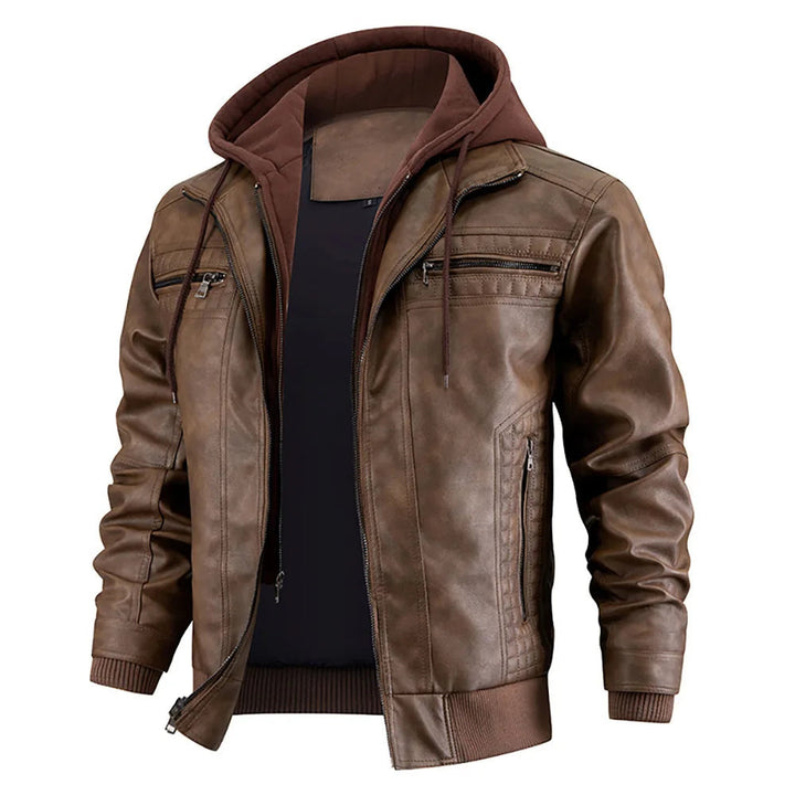 Silas | Men's PU Leather Hooded Jacket with Quilted Panels
