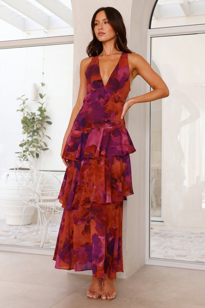 Abstract Print Tiered Ruffle Maxi Dress - Wedding Guest Formal