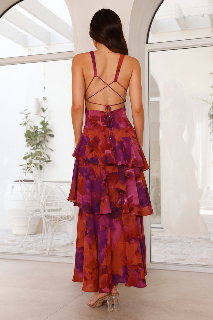 Abstract Print Tiered Ruffle Maxi Dress - Wedding Guest Formal