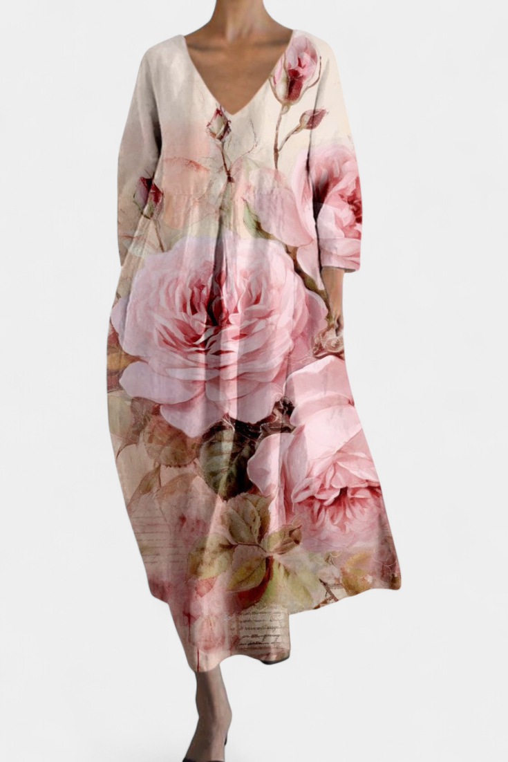 Colourful Abstract Midi Dress Loose Fit Three Quarter Sleeve