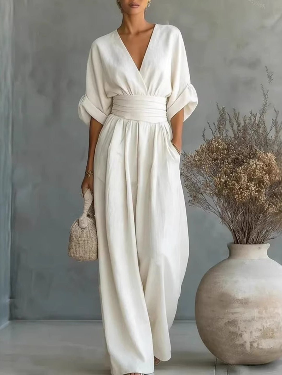 Deep V Neck Balloon Sleeve Wide Waistband Wide Leg Jumpsuit