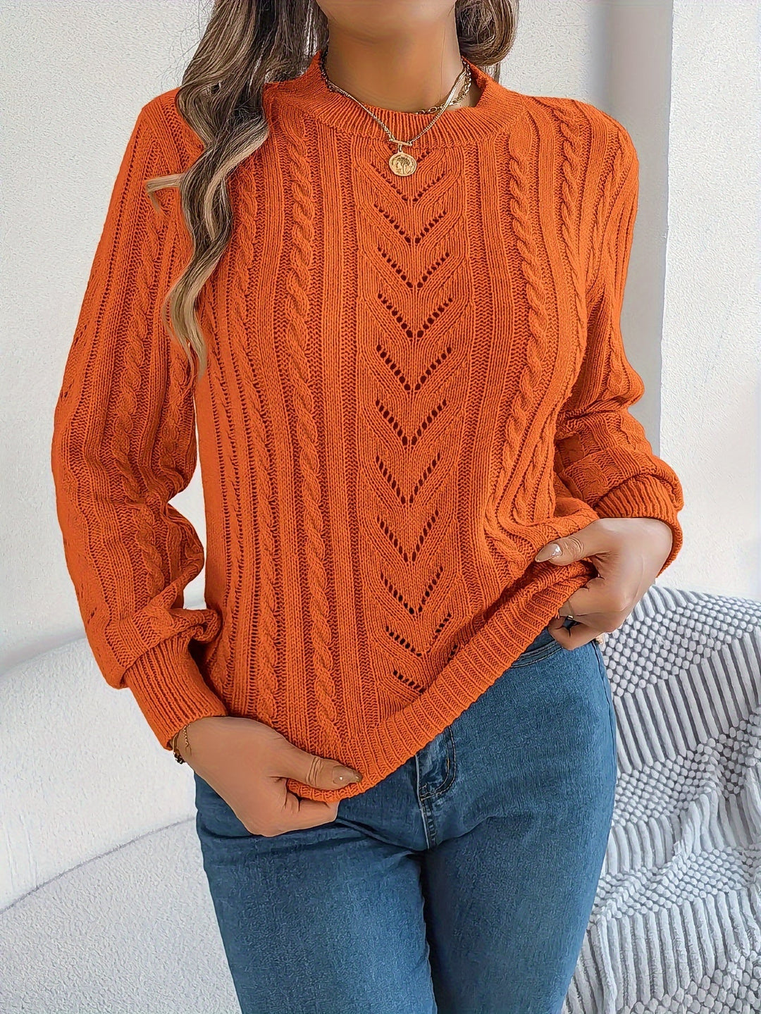 Dorothea | Women's Crew Neck Sweater in Textured Pointelle and Cable Knit