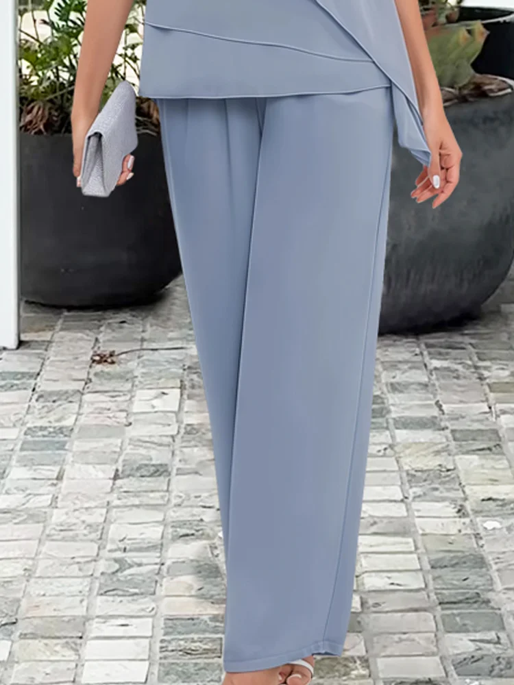 Pearl Brooch Tiered Chiffon Cape Top and Wide Leg Pant Set