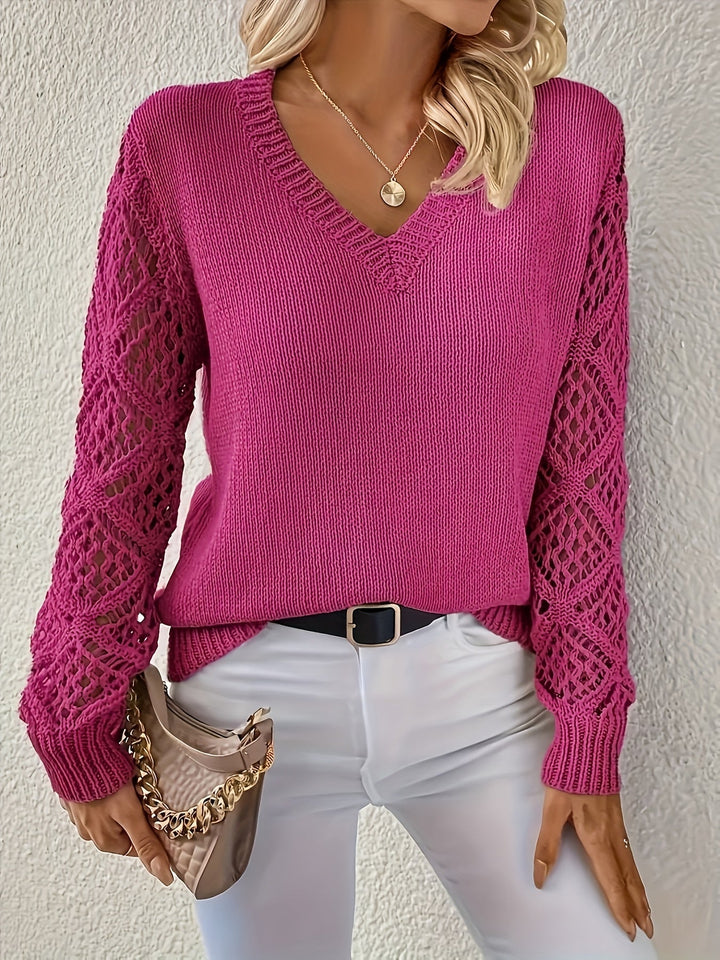 Marisela | Women's V-Neck Sweater with Crochet Sleeve Detail
