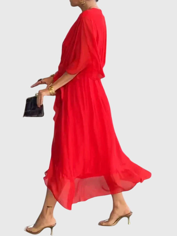 V Neck Belted Wrap Midi Dress Flowy Fit