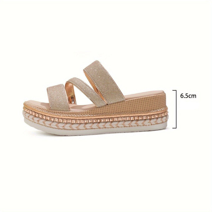Triple Glitter Strap Studded Sole Espadrille Platform Wedge