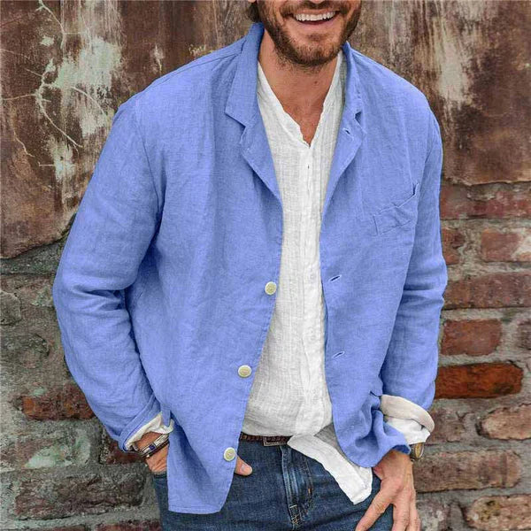 Notch Lapel Three Button Chest Pocket Linen Blazer