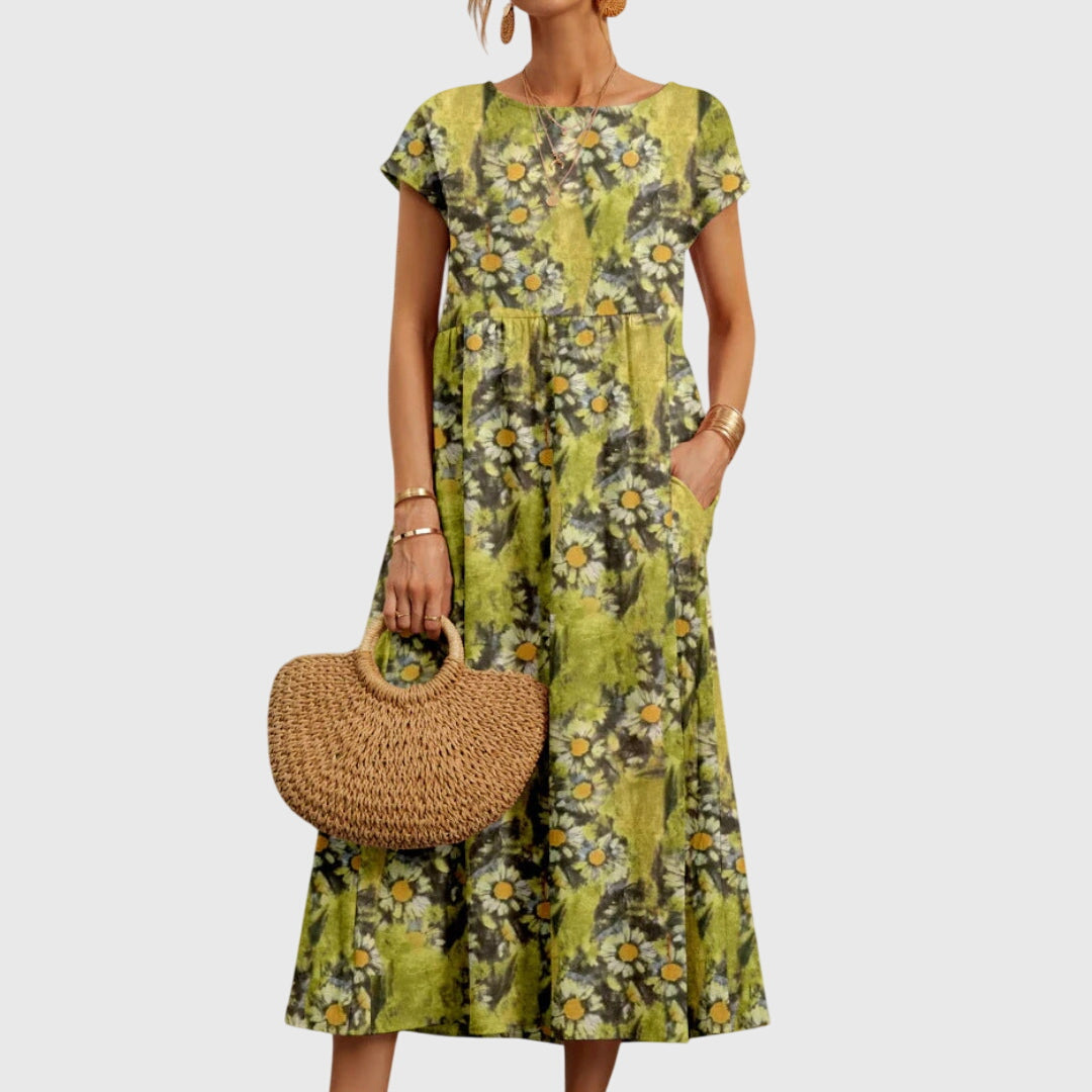 Floral Short Sleeve Midi Dress with Pockets and Round Neck