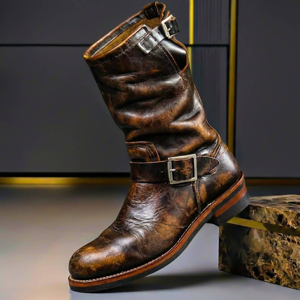 Everett | Men's Vintage Leather Engineer Boots with Buckle Strap