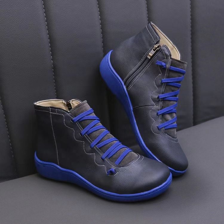 Cross Lace Side Zip Flat Sole Leather Casual Ankle Boot