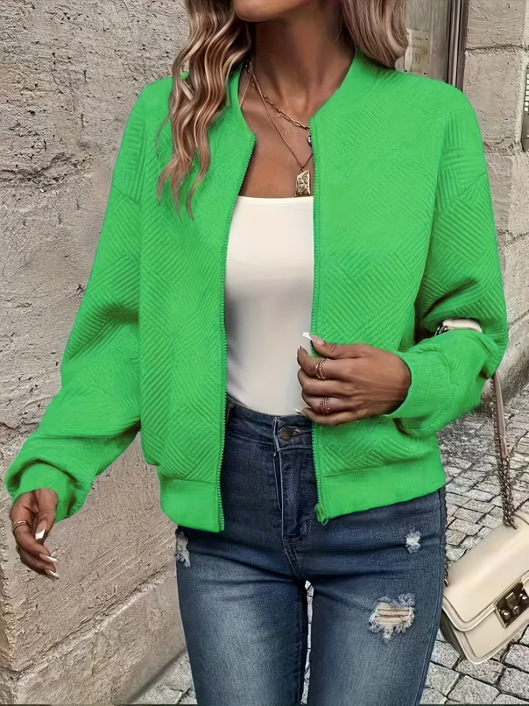 Rhiannon | Women's Geometric Textured Cropped Bomber Jacket
