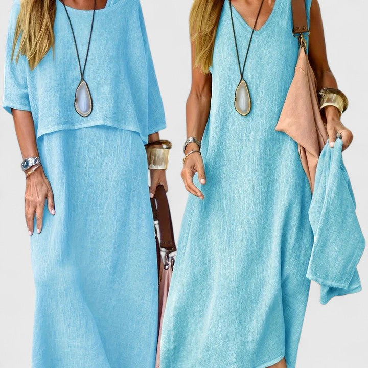 Layered Linen Maxi Dress Two Piece Set Women