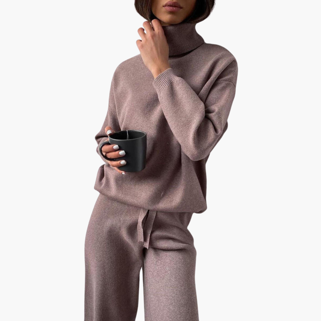Cosette | Women's Drawstring Wide Leg Pants Turtleneck Loungewear Set
