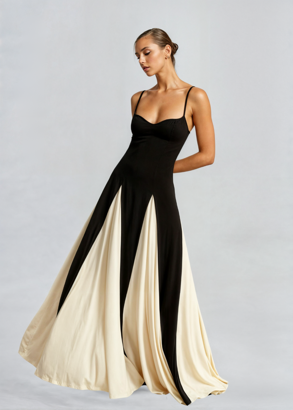 Spaghetti Strap Contrast Panel Maxi Dress Elegant