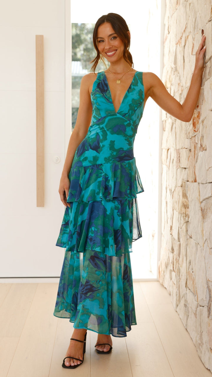 Abstract Print Tiered Ruffle Maxi Dress - Wedding Guest Formal