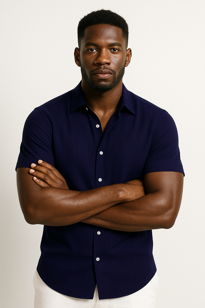 Textured Stripe Short Sleeve Button Down Casual Shirt