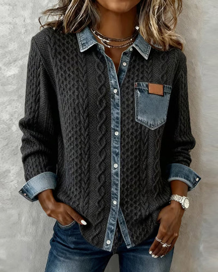 Beatrix | Women's Cable Knit Button-Down Sweater Shirt with Denim Trim