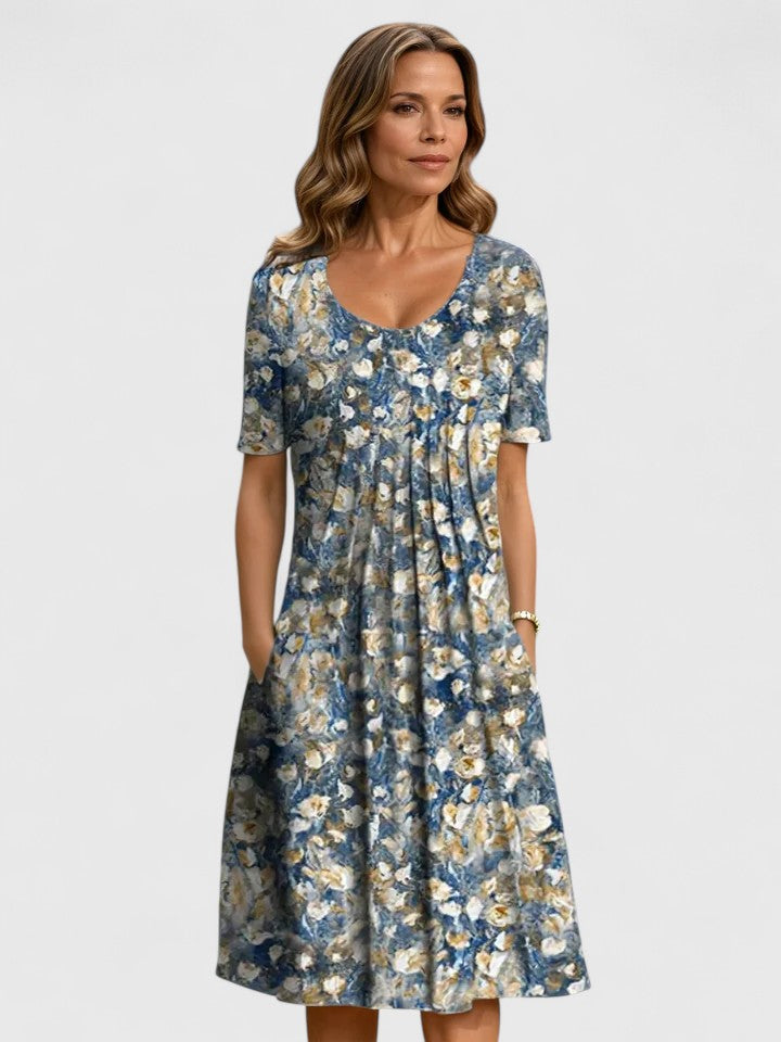 Short Sleeve Floral Knee Length Dress Loose Fit
