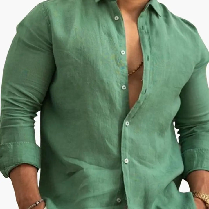 Point Collar Long Sleeve Button Down Relaxed Fit Linen Shirt