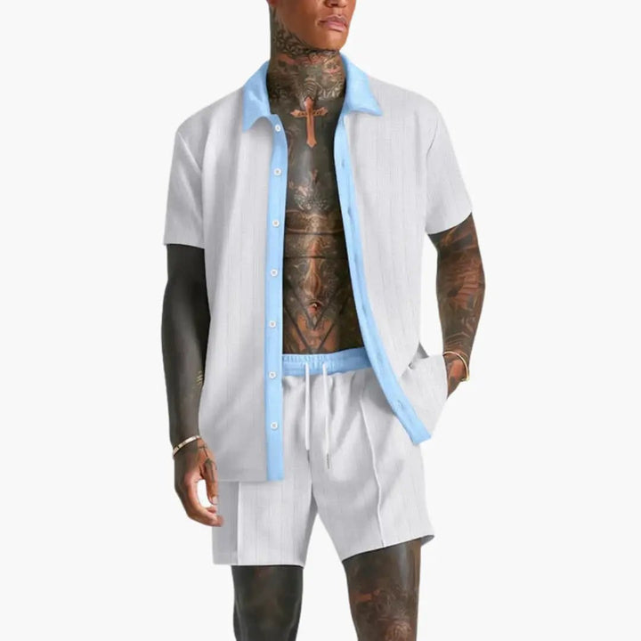 Contrast Trim Short Sleeve Shirt and Drawstring Short Matching Set